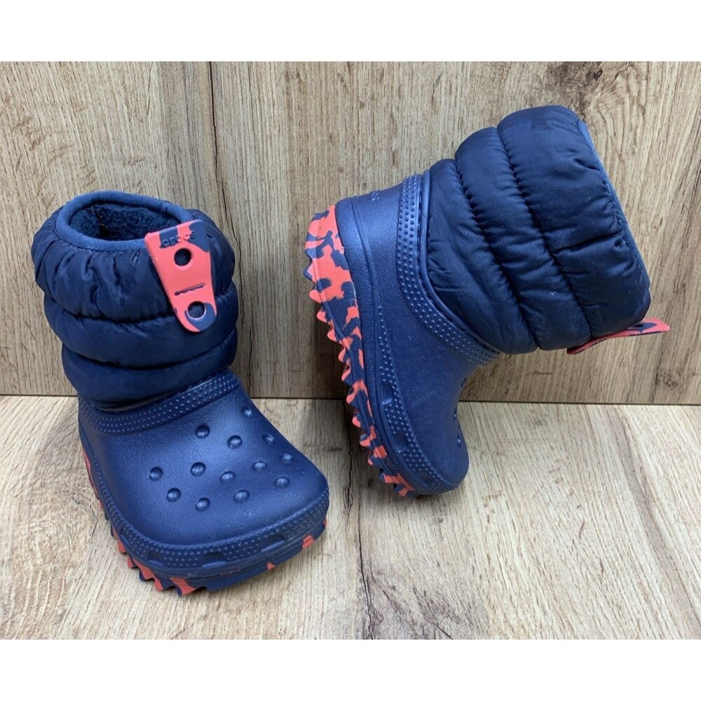 Crocs Kids Classic Neo Puff Winter Boots 207683 Faux Fur Navy Blue Boys Size 5c